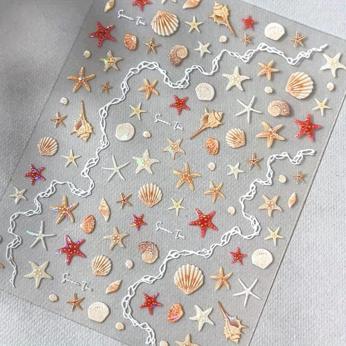 Zeester, Schelp, Zeedier Nagelstickers, Schelp Glanzende Zomer Nageldecoraties gray