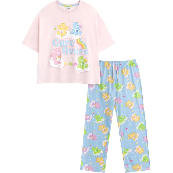 Ensemble de pyjama long à manches courtes pour femme avec personnages Care Bears M bleu/rose