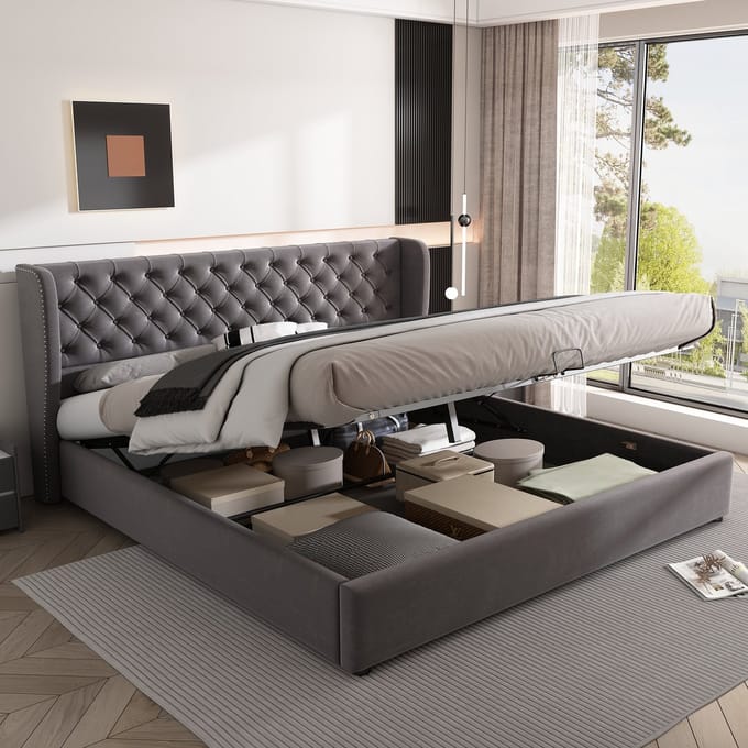 Gestoffeerd Bed - 160x200 cm - Hydraulisch met Oorvorm - Grote Opbergruimte - Fluweel - Grijs