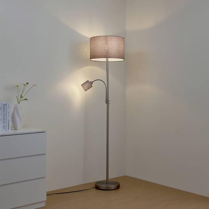 Lindby vloerlamp Jaileen, grijs, textiel, 171 cm, leeslampje