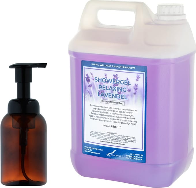 Zeepdispenser 300 ml amber bruin hervulbaar + 5 liter Showergel Relaxing Lavendel navulling