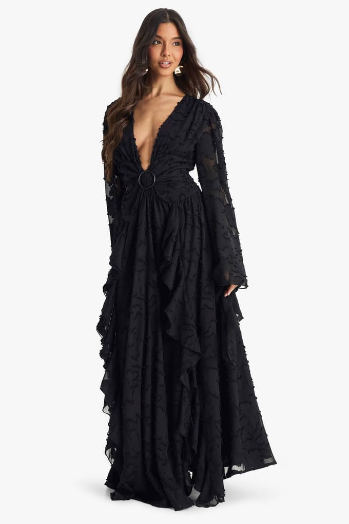 boohoo Dames Maxi-jurk met textuur, split en uitgesneden details | Zwart | Maat: 42