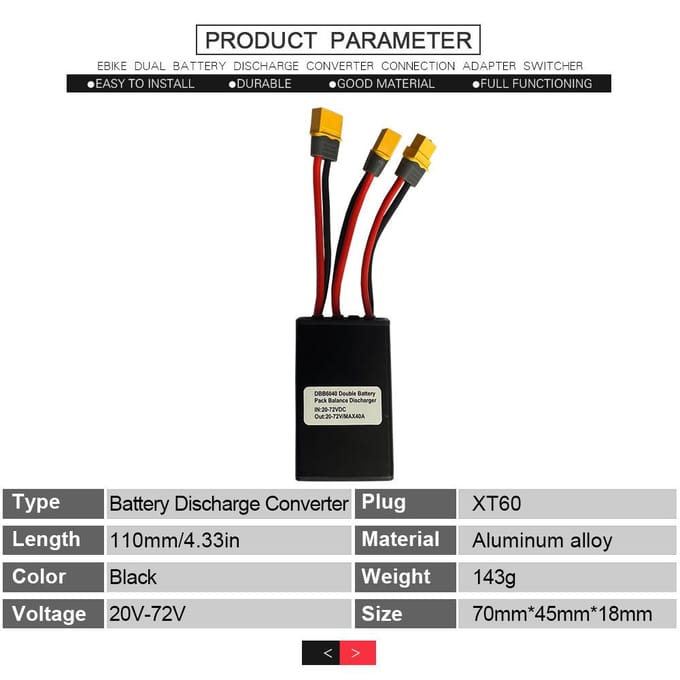 Connecteur de batterie double 20 V-72 V 40 A Convertisseur de décharge de batterie double pour vélo électrique 30A black