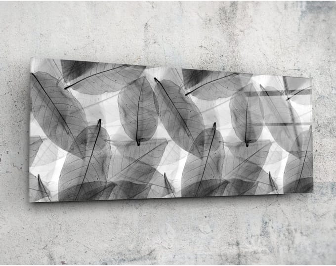 Panorama Glasschilderij - Abstract - Grijze bladeren - 92 x 36 cm