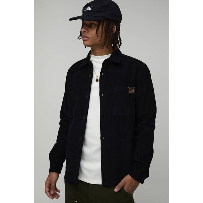 Regular Fit Lange Mouw Corduroy Geweven Tab Overshirt | Black | Size Large