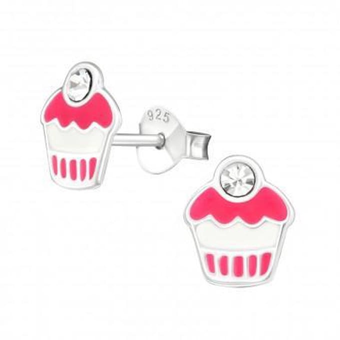 Zilveren kinderoorbellen - Cupcake met kristal - Oorstekers