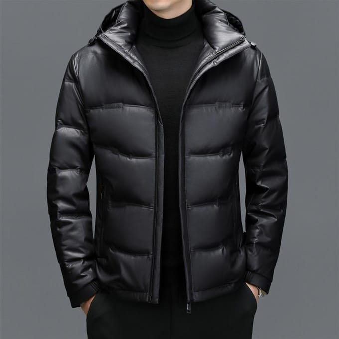 Echt Leer Donsjack Heren Leren Jas Middelbare Leeftijd Heren Losse Casual Leren Jas Capuchon Dik Donsjack Jas M black