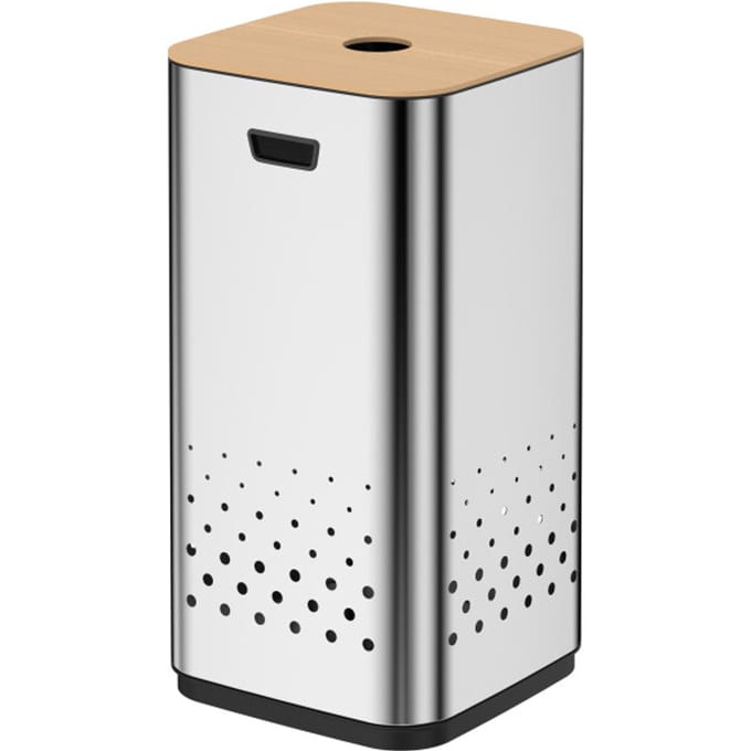 Luzzo® RVS wasmand Glanzend Verchroomd 50 liter met Bamboo Deksel