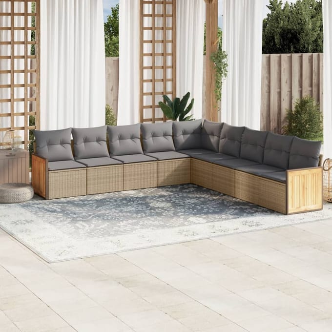 vidaXL - 9-delige - Loungeset - met - kussens - poly - rattan - beige