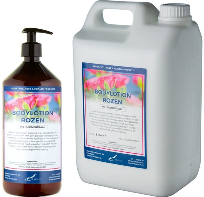 Bodylotion Rozen 1 liter met gratis pomp - hervulbaar + Jerrycan 5 liter navulling