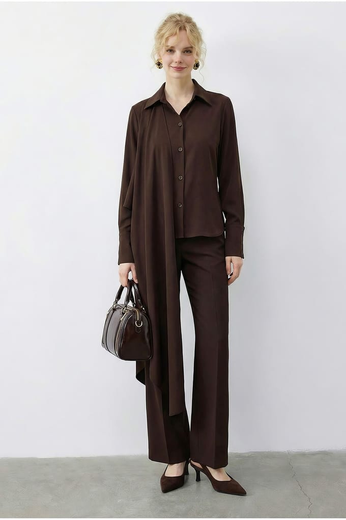 Sjaal Gedetailleerde Blouse en Hoge Taille Wijde Broek Twee-Piece Set