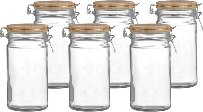 Urban Living Voorraadpot/bewaarpot - 6x - 1L - glas - met beugelsluiting - bamboe deksel