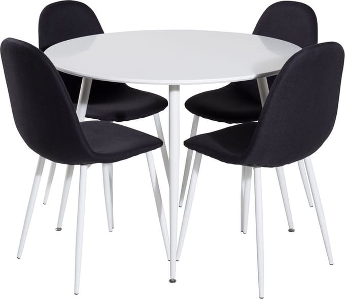 PlazaWHWH100 eethoek eetkamertafel wit en 4 Polar eetkamerstal zwart, wit.