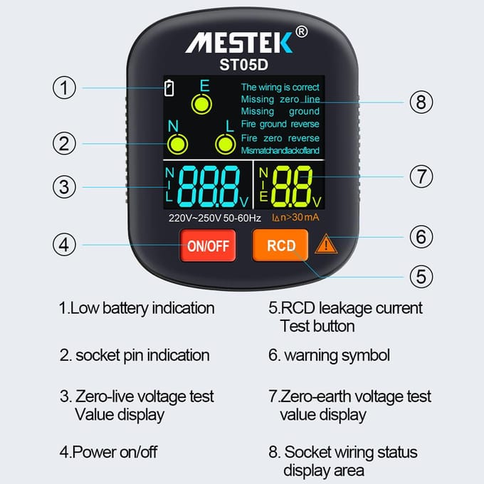 30-250V draagbare digitale stopcontacttester Detector RCD-spanningstester Grondpolariteit Fasecontrole US Plug