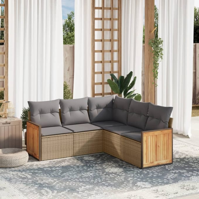 vidaXL - 5-delige - Loungeset - met - kussens - poly - rattan - beige