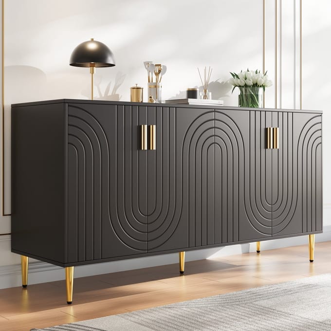 MODENUIT Dressoir - Golffront Met 2 Deuren - Opbergkast Voor Woonkamer En Eethoek - MDF - 152x40x75 cm - Zwart