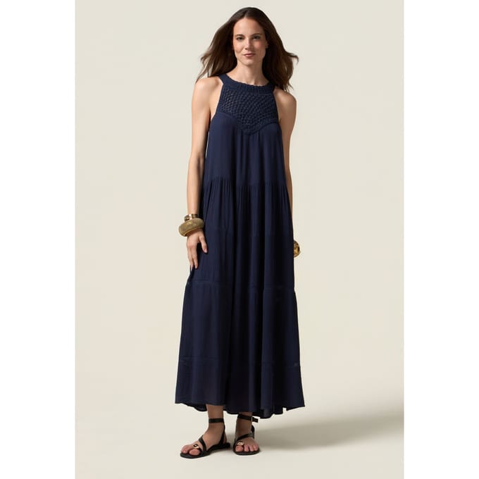 Oltre Long Dress With Crochet Insert Blue Größe: M | Maxikleider Outlet | Damen | Blau