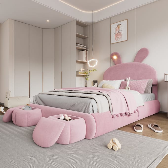 OKWISH Kinderbed - 140x200 - Bed Met Lades En Hasenoren Ontwerp - Fluweel - Roze
