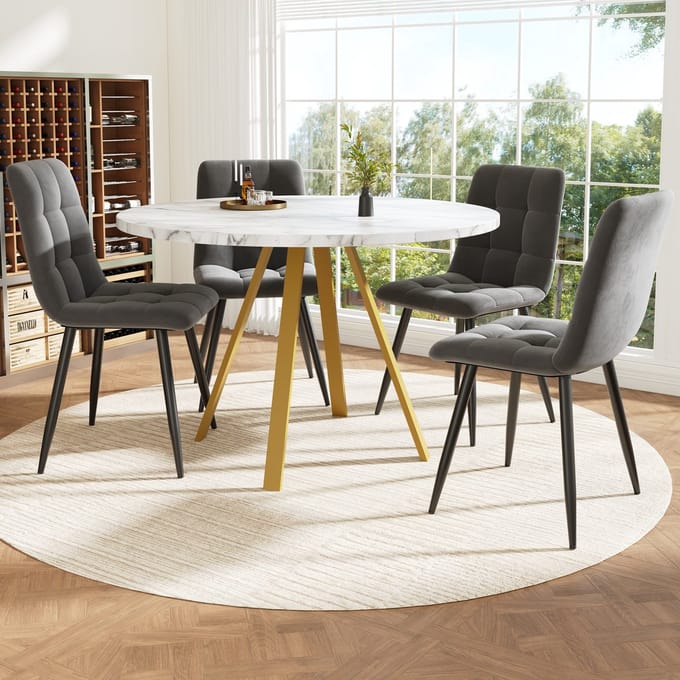 Eettafelset - 80×80×75 cm - Ronde Tafel + 4 Stoelen - Compacte 4-Persoons Set - MDF Tafelblad - Grijs / Wit