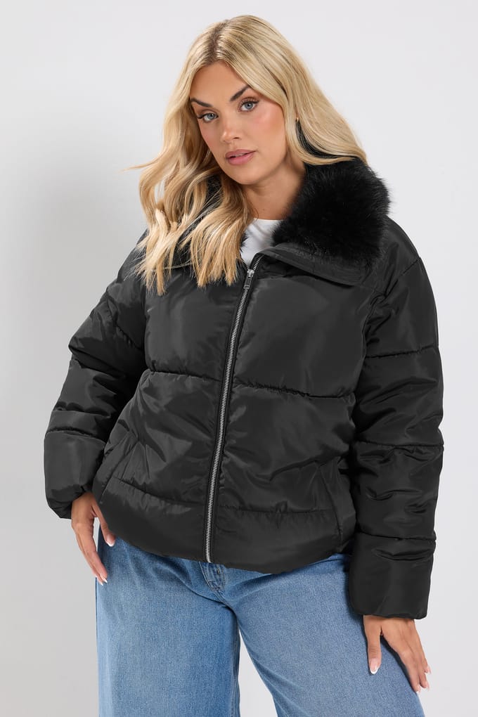 Yours Zwarte Gewatteerde Jas Met Colhals Size 42