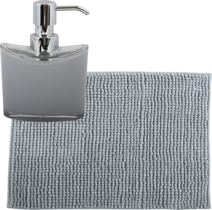 MSV badkamer droogloop mat/tapijtje - 40 x 60 cm - en zelfde kleur zeeppompje 260 ml - lichtgrijs