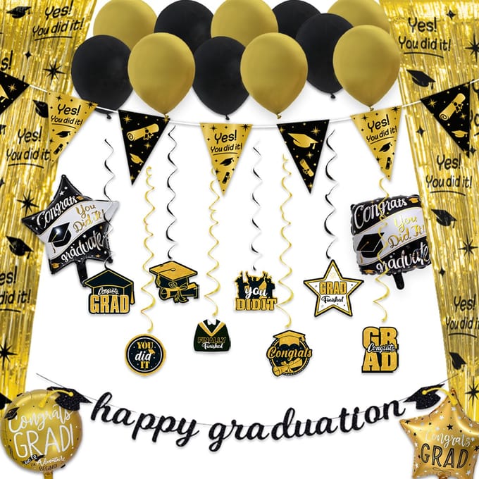 BTH Geslaagd - Feestpakket - Slingers - Ballonnen - Graduation Versiering - Vlag - Zwart & Goud