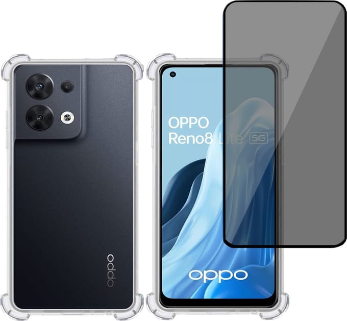 Hoesje + Privé Screenprotector geschikt voor OPPO Reno 8 Lite – Privacy Tempered Glass - Case Transparant