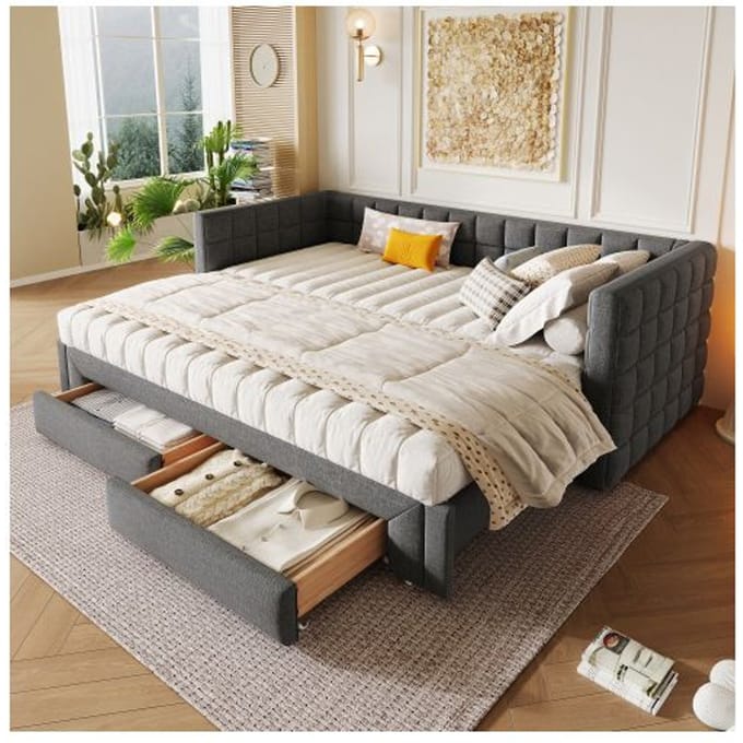 Lit de jour, 90 x 200 cm (extensible à 180), 2 tiroirs, sans matelas, gris grijs