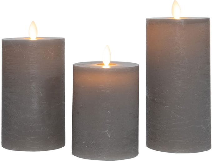 Anna's Collection LED kaars oplaadbaar flame effect rustiek set 7.5 cm taupe 3 stuks