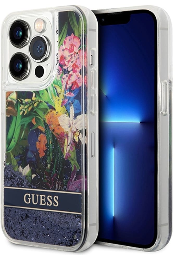 Guess Flower Liquid Glitter - Etui voor iPhone 14 Pro Max - Blauw - Bloemenpatroon - Glitters