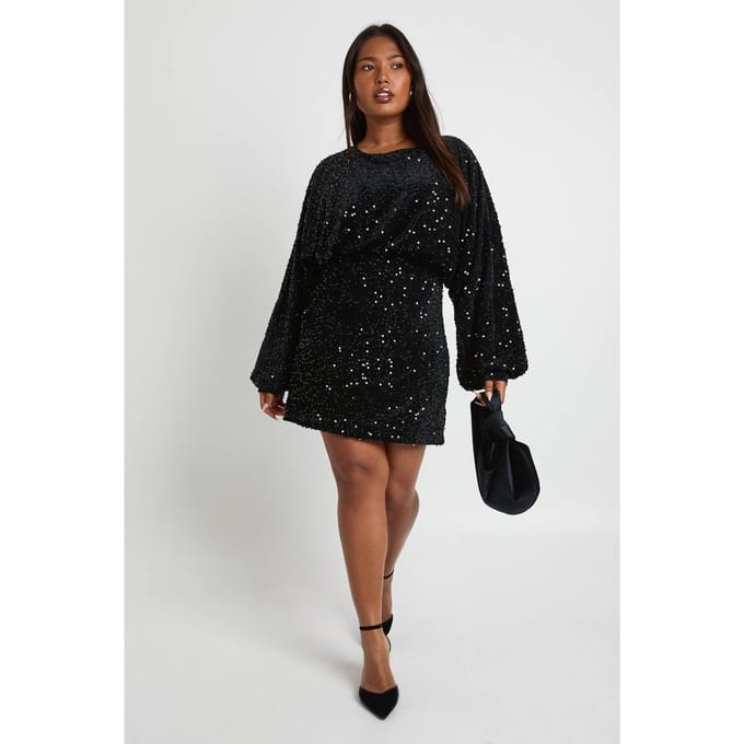 boohoo Dames Plus fluweel pailletten blouson mini jurk | Black | Maat: 16