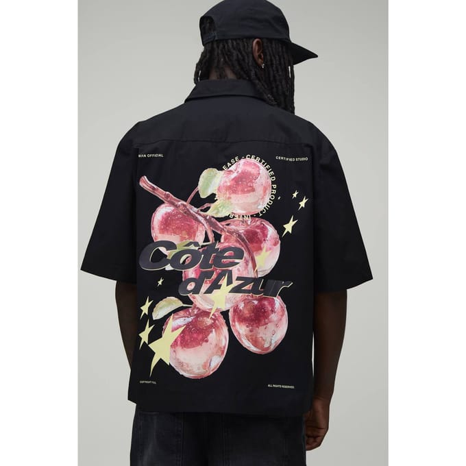 Oversized Shirt Met Halve Mouwen En Appelprint | Black | Size Medium