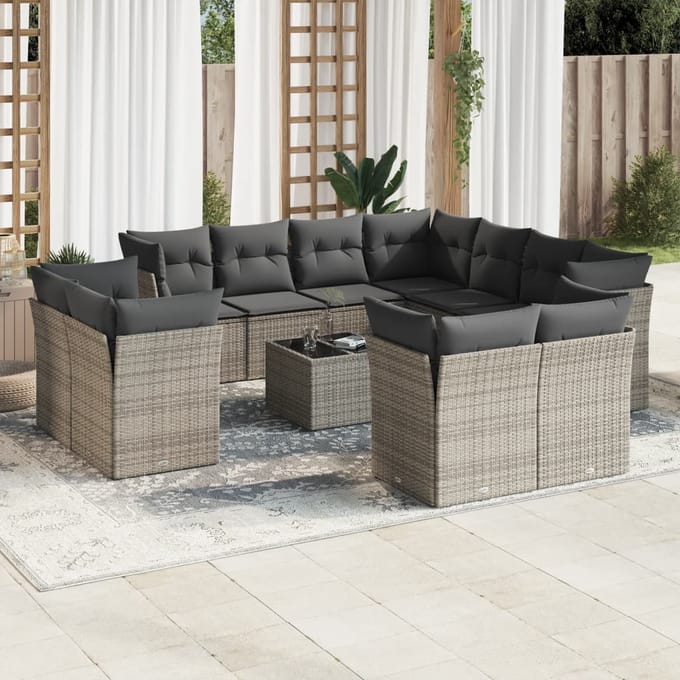 vidaXL - 12-delige - Loungeset - met - kussens - poly - rattan - grijs