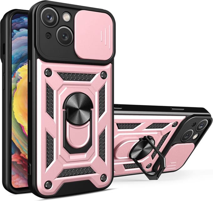 MobyDefend Hoesje - Geschikt voor iPhone 15 - Pantsercase Met Draaibare Ring - Rosé