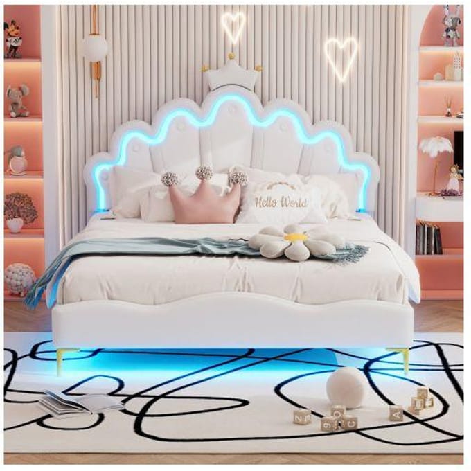Tweepersoonsbed - MUVOE - 140x200 cm - PU Leer - Verstelbare LED - Wolk design wit