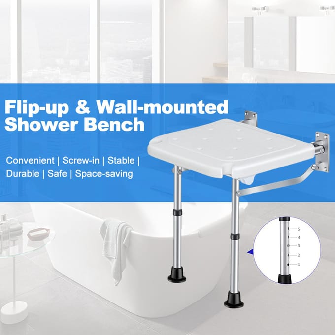 Banc de douche pliable mural siège de bain rabattable chaise/tabouret de salle de bain à visser avec pieds antidérapants trous d'évacuation white