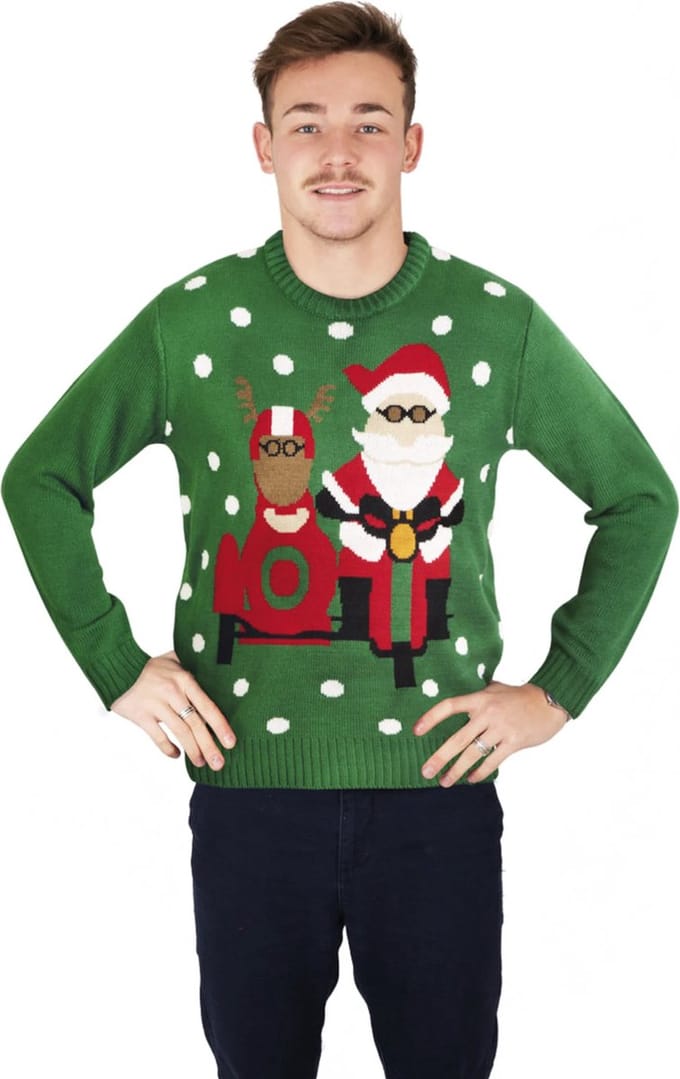 PTIT CLOWN - Groene kersttrui met biker Kerstman - M/L