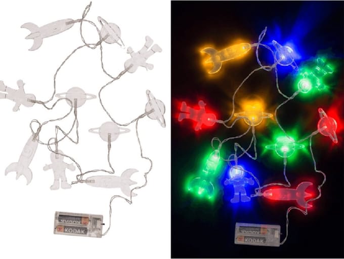 Lichtsnoer - space/ruimte thema - 10 leds gekleurd - batterij - 165 cm