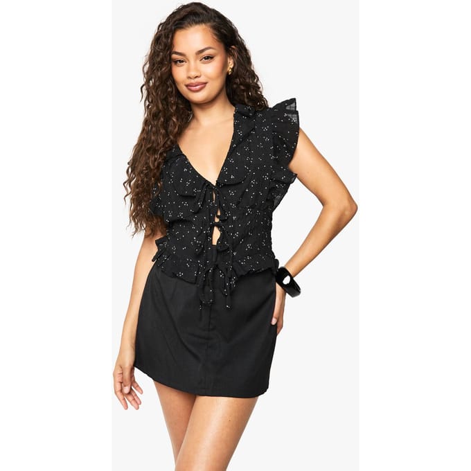 boohoo Dames Ruffle Floral Print Tie Front Blouse | Black | Maat: Small
