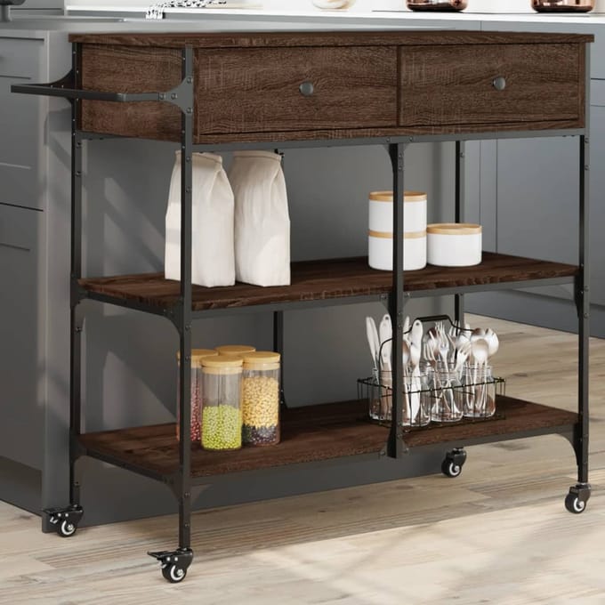 vidaXL - Keukentrolley - 105x42x95 - cm - bewerkt - hout - bruin - eikenkleurig