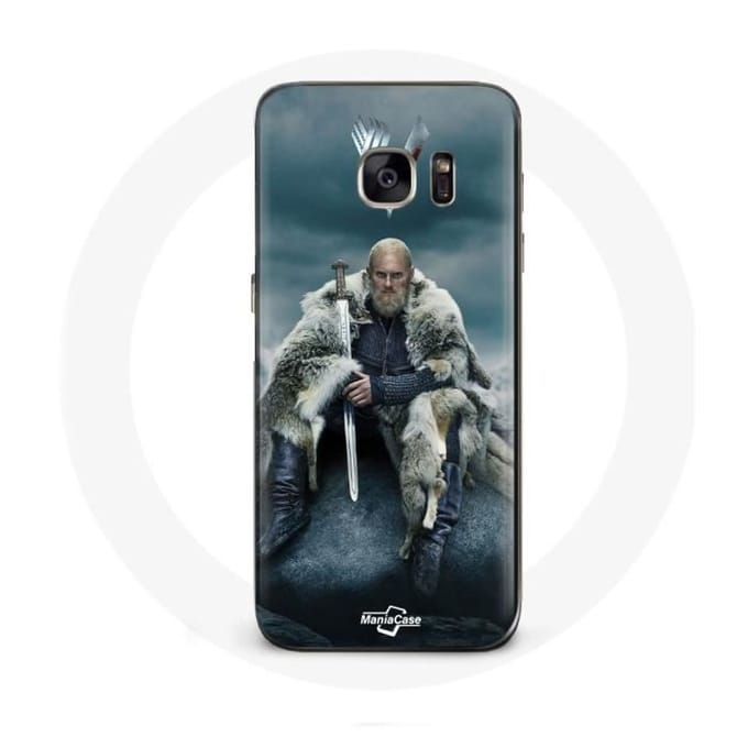 Coque pour Samsung Galaxy S6 Edge Vikings Série Saison 6 Ragnar Lothbrok logo V Epée Gris Fond Broui