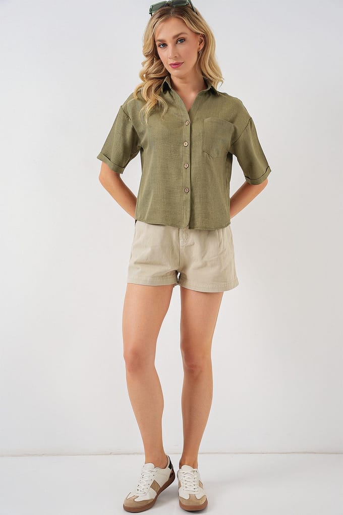 Linnen Gemengde Korte Mouwen Knopen Crop Shirt