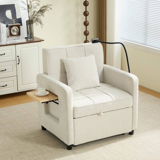 MODFU - Slaapfauteuil - 2-In-1 - Verstelbare Rugleuning - Modern - Chenille - Beige - 167 X 79 X 83 Cm