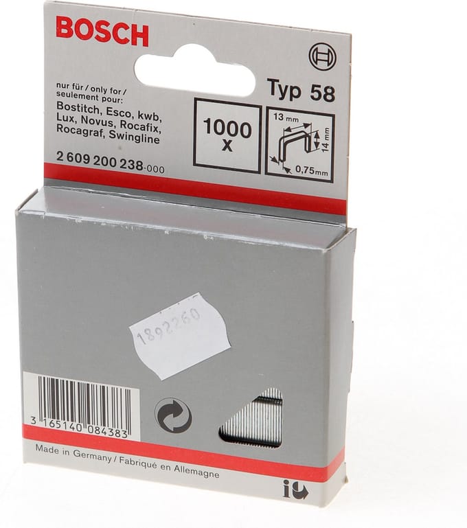 Niet met fijn draad type 58, 13 x 0,75 x 14 mm, 1000 stuks 1000 stuk(s) Bosch Accessories 2609200238 Afm. (l x b) 14 mm x 13 mm