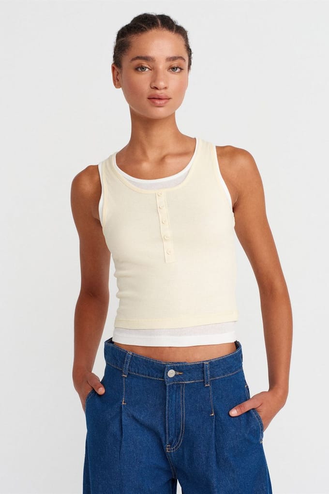 Katoenen Geribbelde Mouwloze Knop Blouse