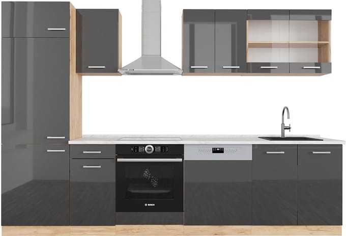 Vicco R-Line Complete keukeneenheid – 300 cm, WB Marmer Antraciet hoogglans/goud eiken