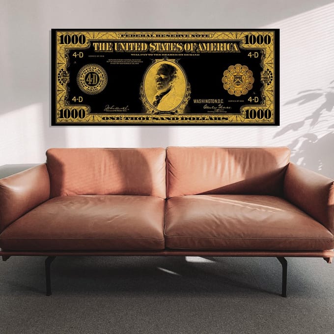 Schilderij Woonkamer - 1000 Dollar - Dibond metaal - 100 x 42 cm - PosterGuru