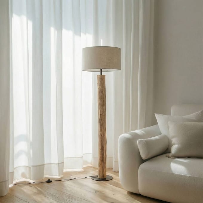 Lucande vloerlamp Jorvan, crème, eucalyptus, linnen