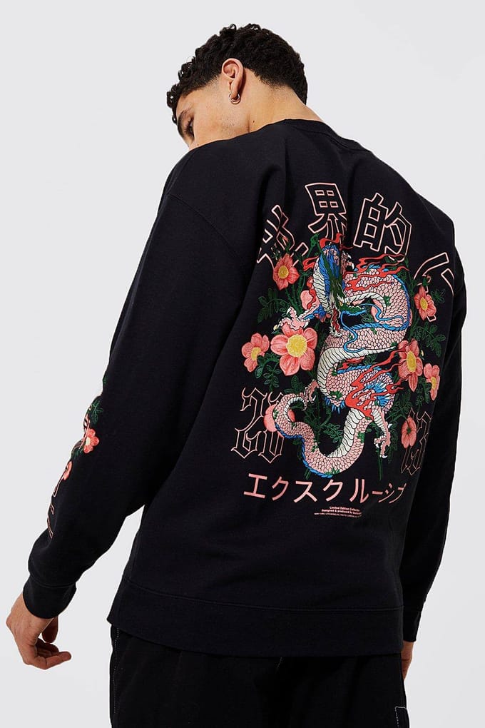Oversized sweatshirt met een draken- en bloemenprint | Black | Size Medium