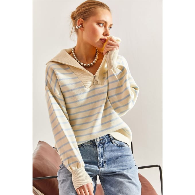 Gestreepte Boxy Crop Trui met Ritskraag